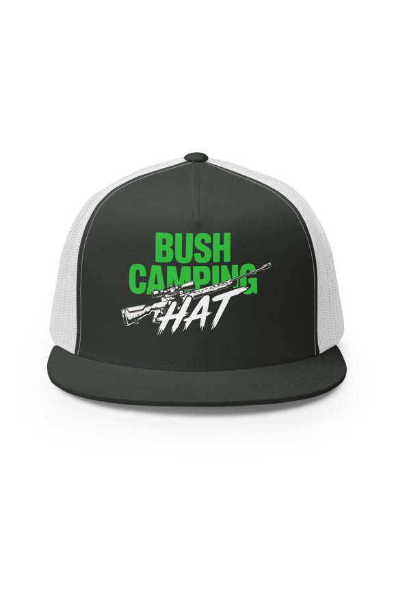 Bush Camping Hat – Funny Gamer Flat Bill Trucker Cap for FPS Fans – Adjustable Snapback Mesh Hat for Streamers and Video Game Lovers (Charcoal/ White)