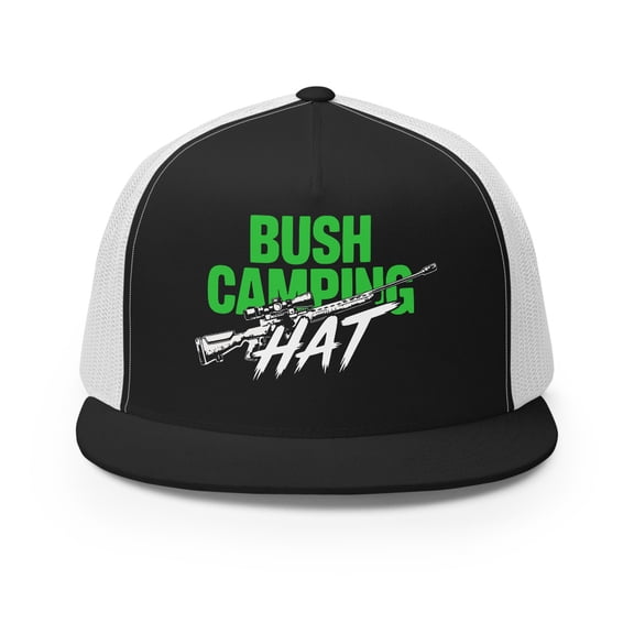 Bush Camping Hat – Funny Gamer Flat Bill Trucker Cap for FPS Fans – Adjustable Snapback Mesh Hat for Streamers and Video Game Lovers (Black/ White)