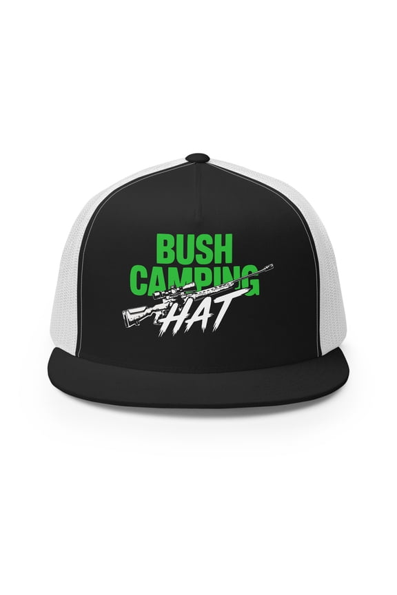 Bush Camping Hat – Funny Gamer Flat Bill Trucker Cap for FPS Fans – Adjustable Snapback Mesh Hat for Streamers and Video Game Lovers (Black/ White)