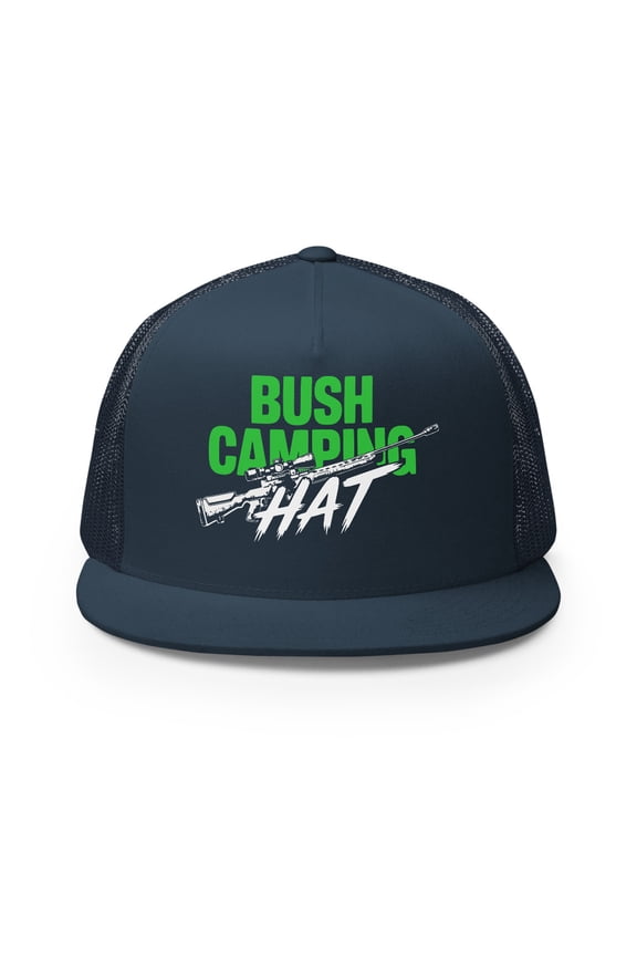 Bush Camping Hat – Funny Gamer Flat Bill Trucker Cap for FPS Fans – Adjustable Snapback Mesh Hat for Streamers and Video Game Lovers (Navy)