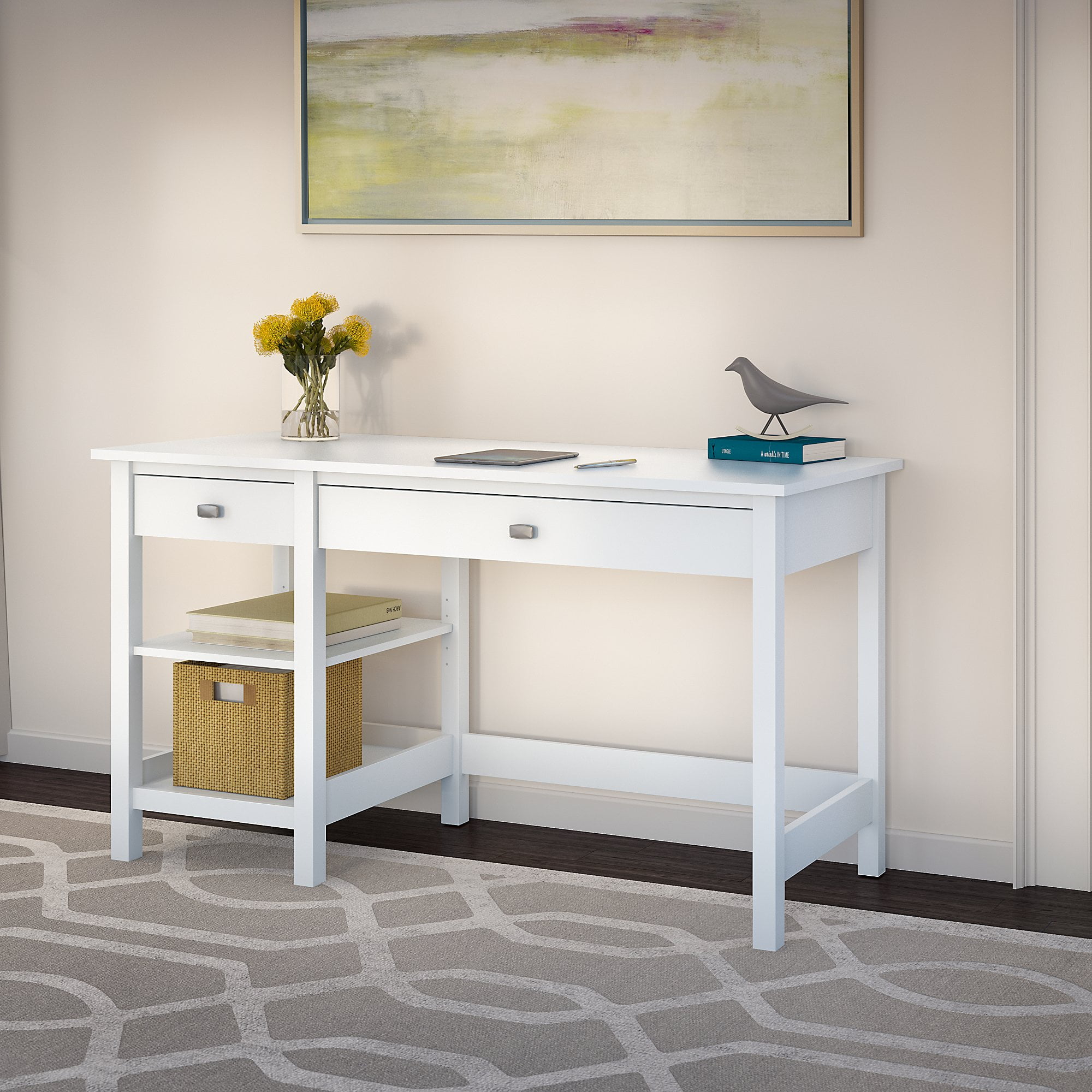 Bush Furniture Broadview Computer Desk with Shelves in Pure White