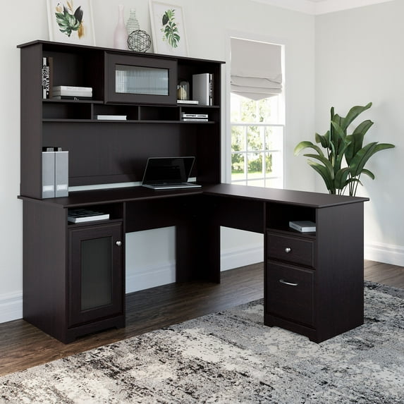 Bush Furniture Cabot 60" L Desk and Hutch with Storage, Espresso Oak