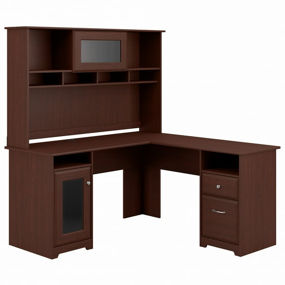 Bush Furniture Cabot 60" L Desk and Hutch with Storage, Harvest Cherry