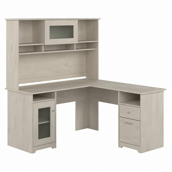 Bush Furniture Cabot 60" L Desk and Hutch with Storage, Linen White Oak