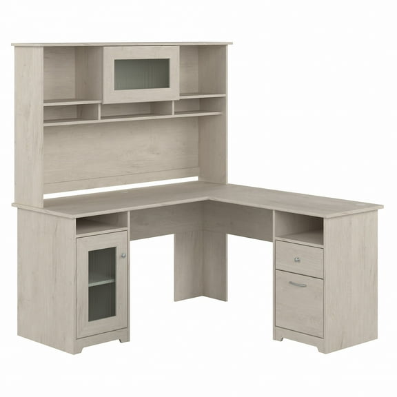 Bush Furniture Cabot 60" L Desk and Hutch with Storage, Linen White Oak