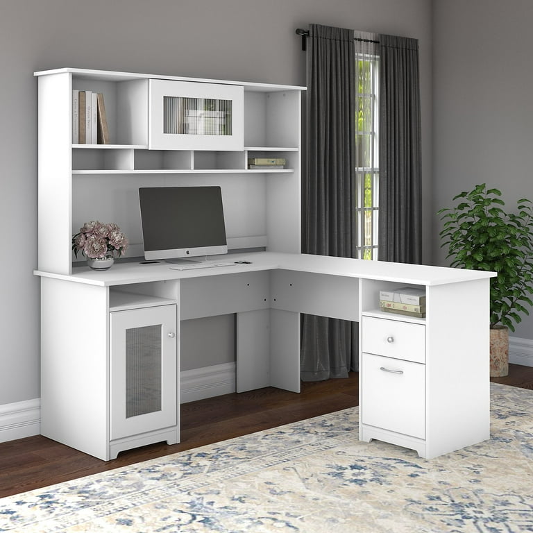 L Shaped Computer Desk with Large Cabinet, White Wash