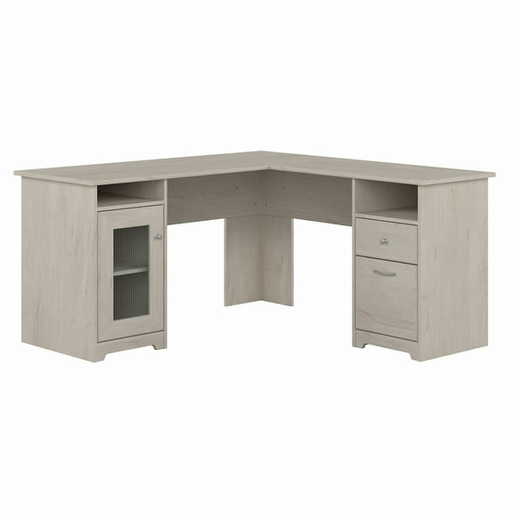 Bush Furniture Cabot 60" L Shaped Desk with Storage, Linen White Oak