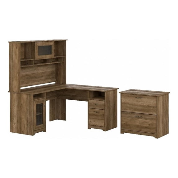 Bush Furniture Cabot L Desk with Hutch & File Cabinet in Reclaimed Pine