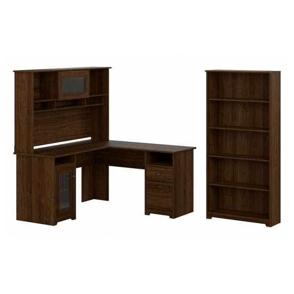 Bush Furniture Cabot L Shaped Desk with Hutch & Bookcase in Modern Walnut