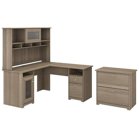 Bush Furniture Cabot L Shaped Desk with Hutch & File Cabinet in Ash Gray