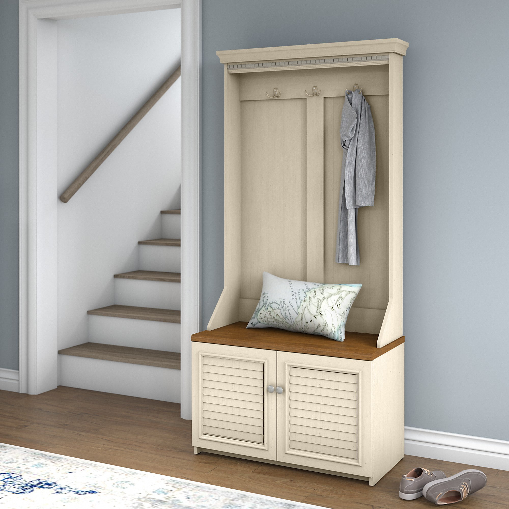 Bush Furniture Fairview Hall Tree with Shoe Storage Bench in Antique