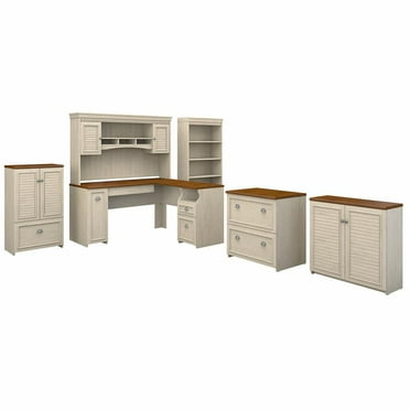 Bush Furniture Fairview L Desk 6 Pc Office Set in Antique White
