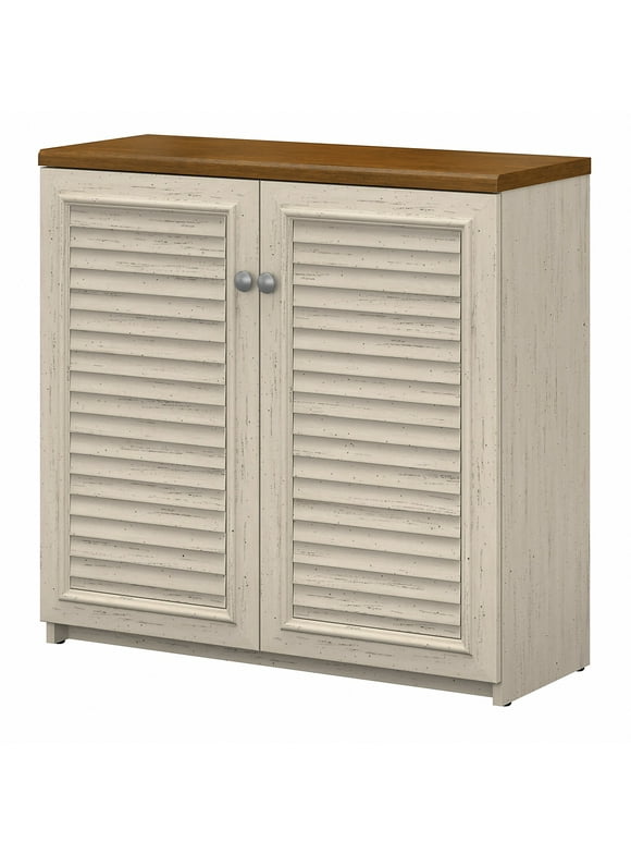 Bush Furniture Fairview Small Storage Cabinet with Doors in Antique White and Tea Maple
