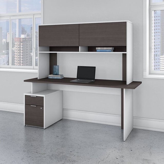 Bush Furniture Jamestown 72W Desk with 2 Drawers and Hutch in White and