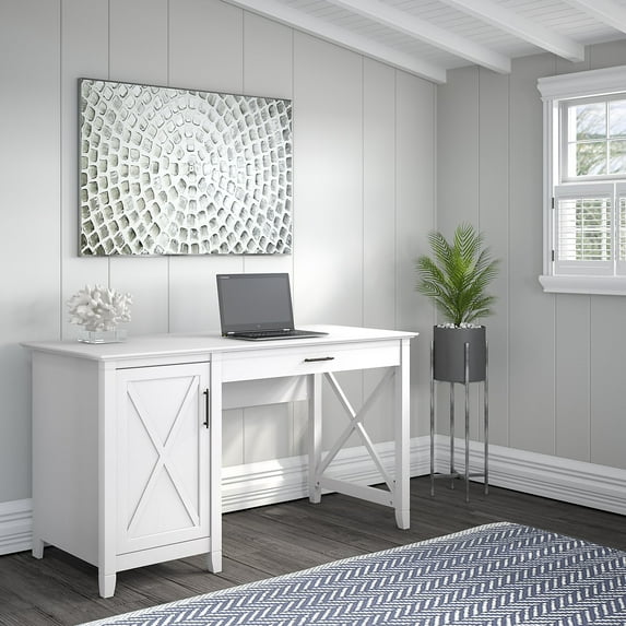 Bush Furniture Key West 54" Computer Desk with Storage, Pure White Oak