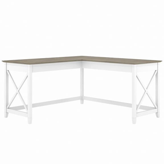 Bush Furniture Key West 60" L Shaped Desk, Pure White & Shiplap Gray