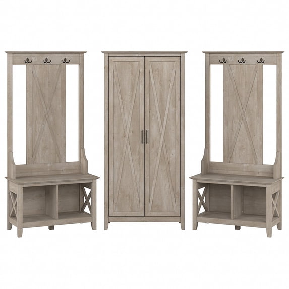 Bush Furniture Key West 66" Entryway Storage Set with Hall Tree Shoe Bench and Tall Cabinet Washed