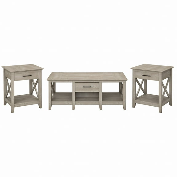 Bush Furniture Key West Coffee Table with 2 End Tables, Washed Gray