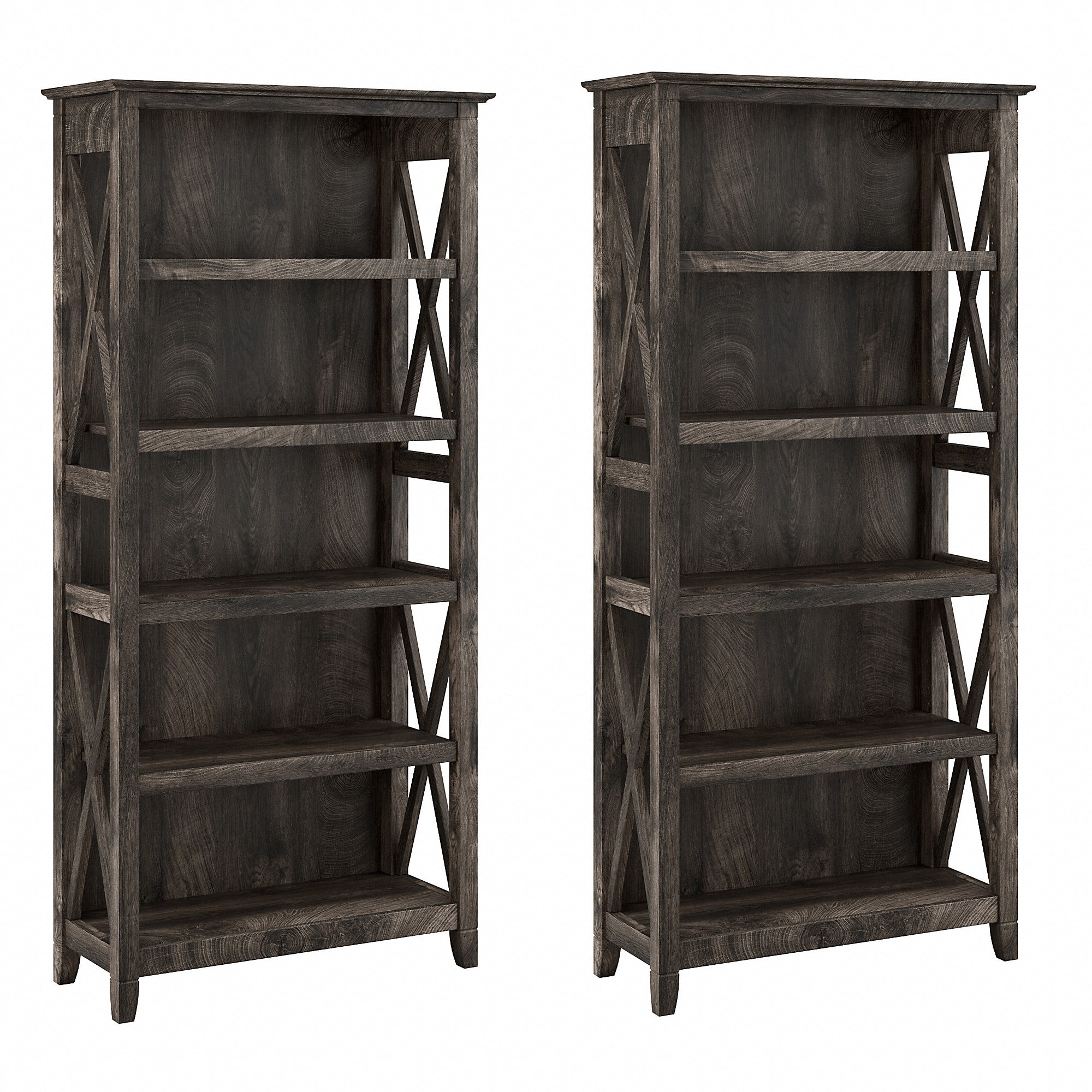 Bush Furniture Key West Tall 5 Shelf Bookcase, Set of 2, Dark Gray Hickory