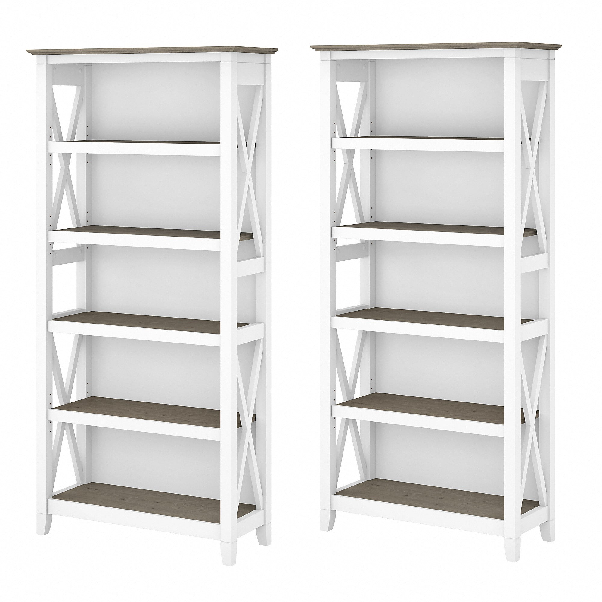 Bush Furniture Key West Tall 5 Shelf Bookcase, Set of 2, Pure White & Shiplap Gray