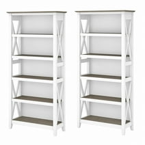 Bush Furniture Key West Tall 5 Shelf Bookcase, Set of 2, Pure White & Shiplap Gray
