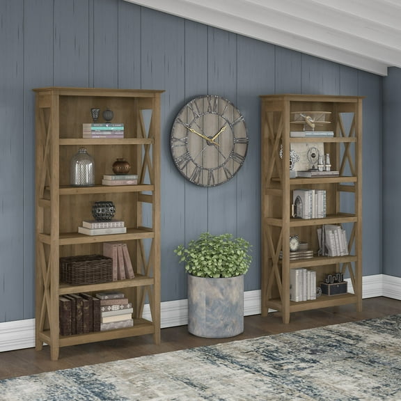 Bush Furniture Key West Tall 5 Shelf Bookcase, Set of 2, Reclaimed Pine
