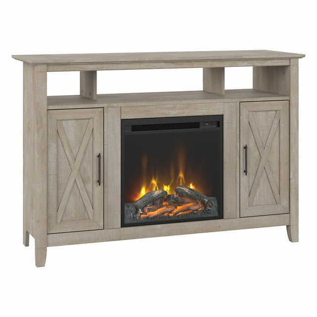 Bush Furniture Key West Tall Electric Fireplace TV Stand for 55 Inch TV in Washed Gray