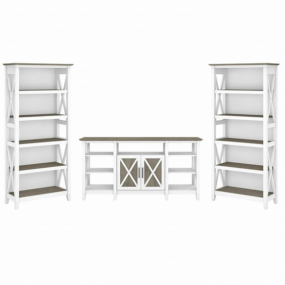 Bush Furniture Key West Tall TV Stand with 2 Bookcases, Pure White & Shiplap Gray