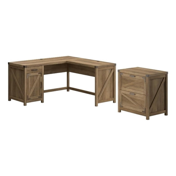 Bush Furniture Knoxville 60W L Shaped Desk with File Cabinet in Reclaimed Pine