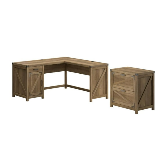 Bush Furniture Knoxville 60W L Shaped Desk with File Cabinet in Reclaimed Pine