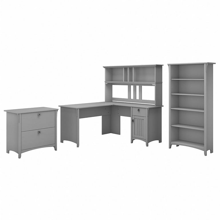 Bush Furniture Cabot 60W L Shaped Computer Desk with Hutch and 5 Shelf Bookcase Linen White Oak