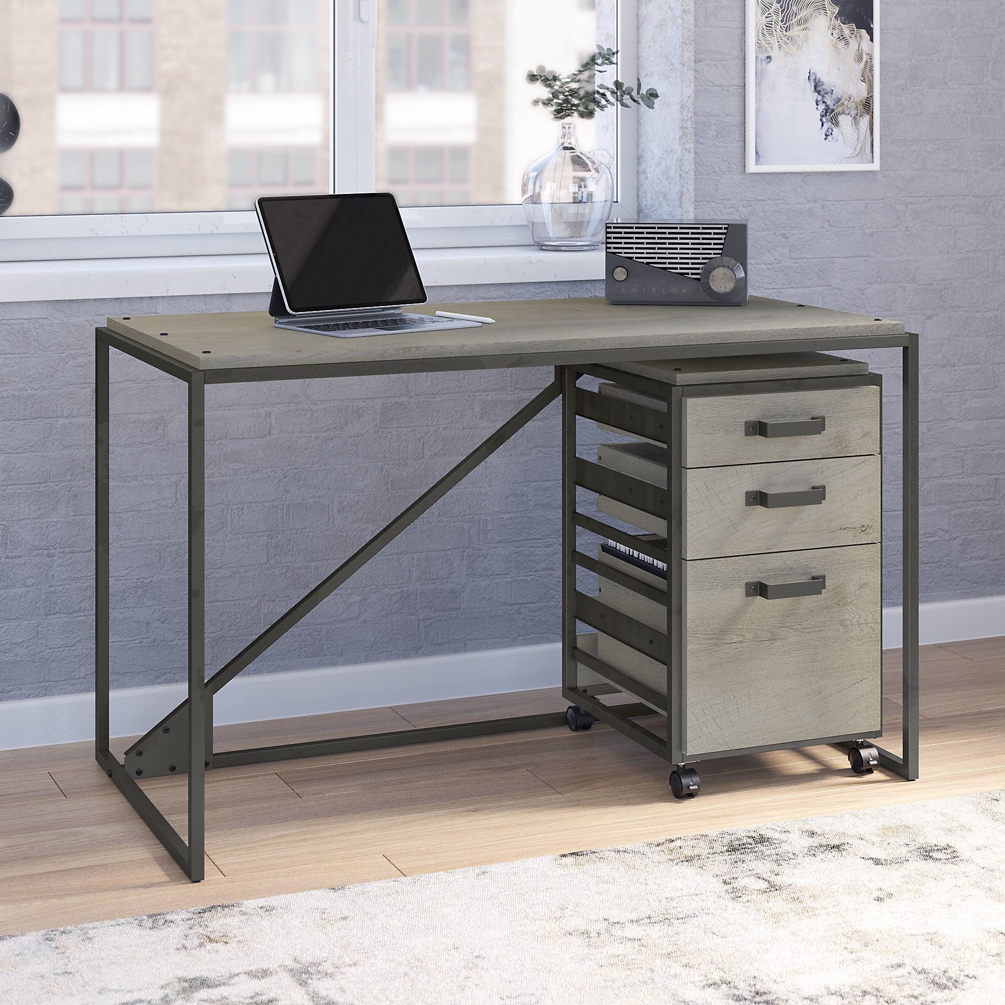 Bush Furniture Refinery 50W Industrial Desk with 3 Drawer Mobile File