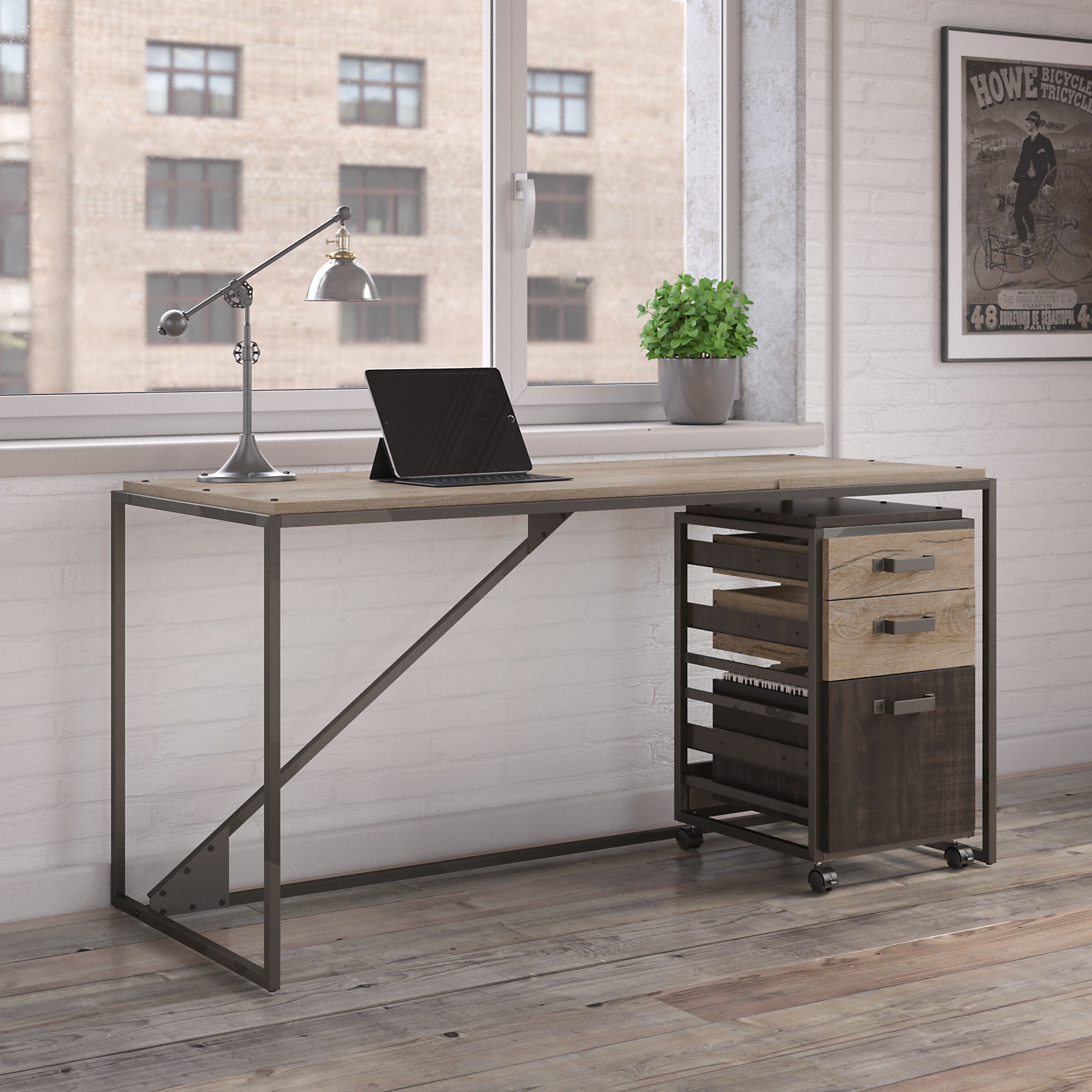 Bush Furniture Refinery 62" Industrial Writing Desk with Mobile File Cabinet - image 1 of 7