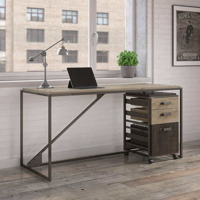 Bush Furniture Refinery 62" Industrial Writing Desk with Mobile File Cabinet