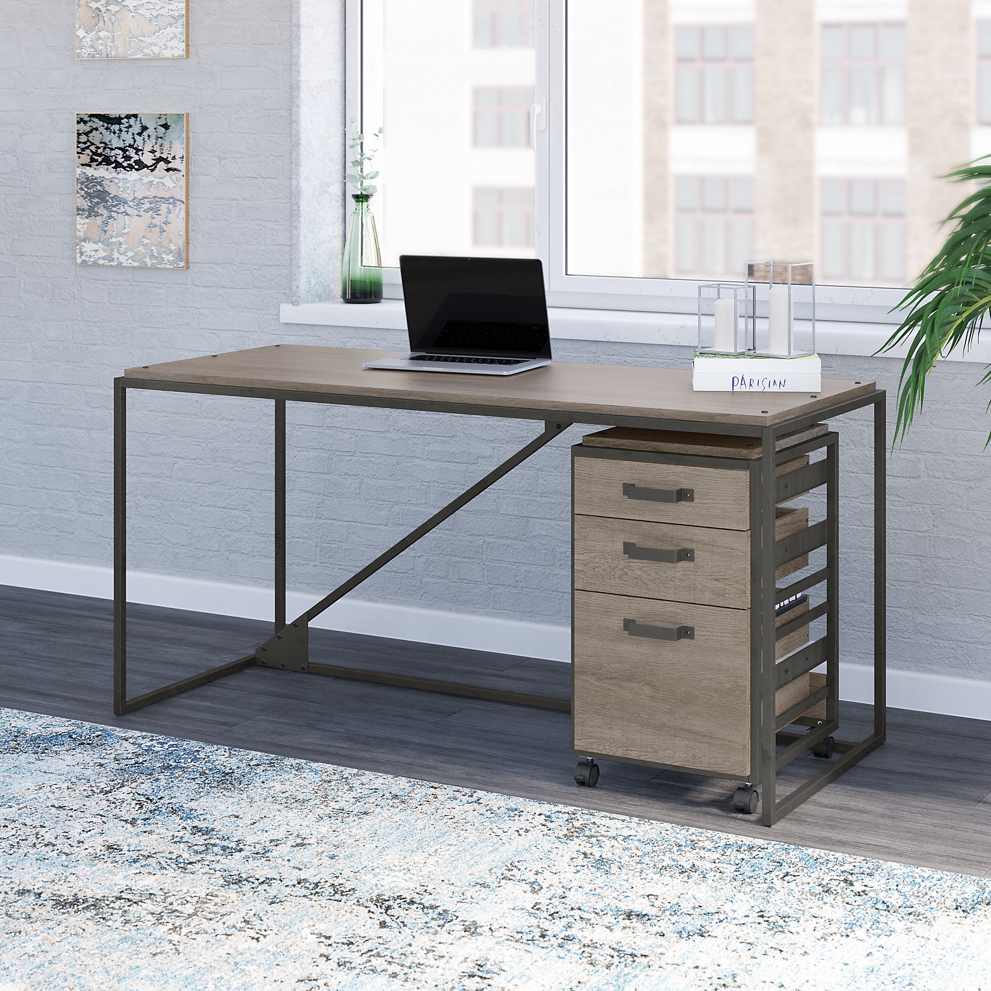 Bush Furniture Refinery 62W Industrial Desk with 3 Drawer Mobile File