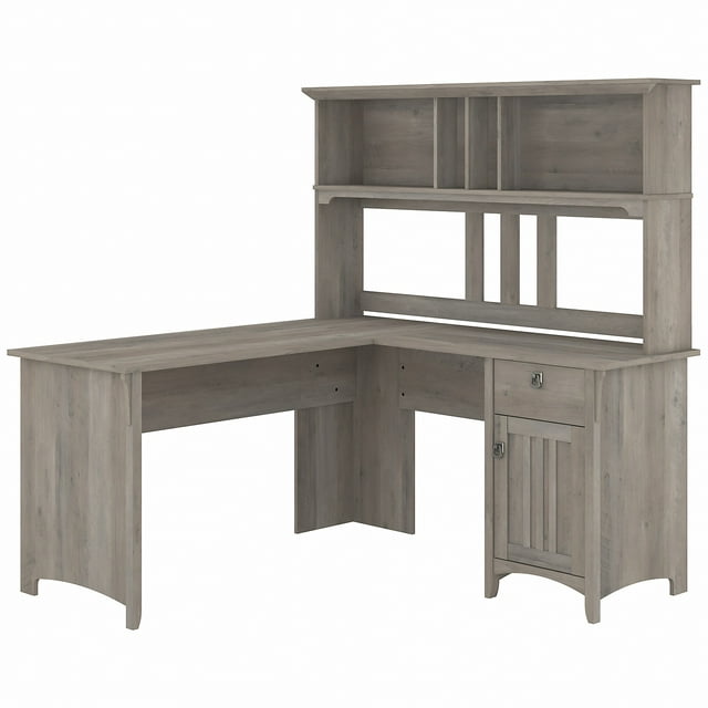 Bush Furniture Salinas 60" L Desk and Hutch with Storage, Driftwood Gray