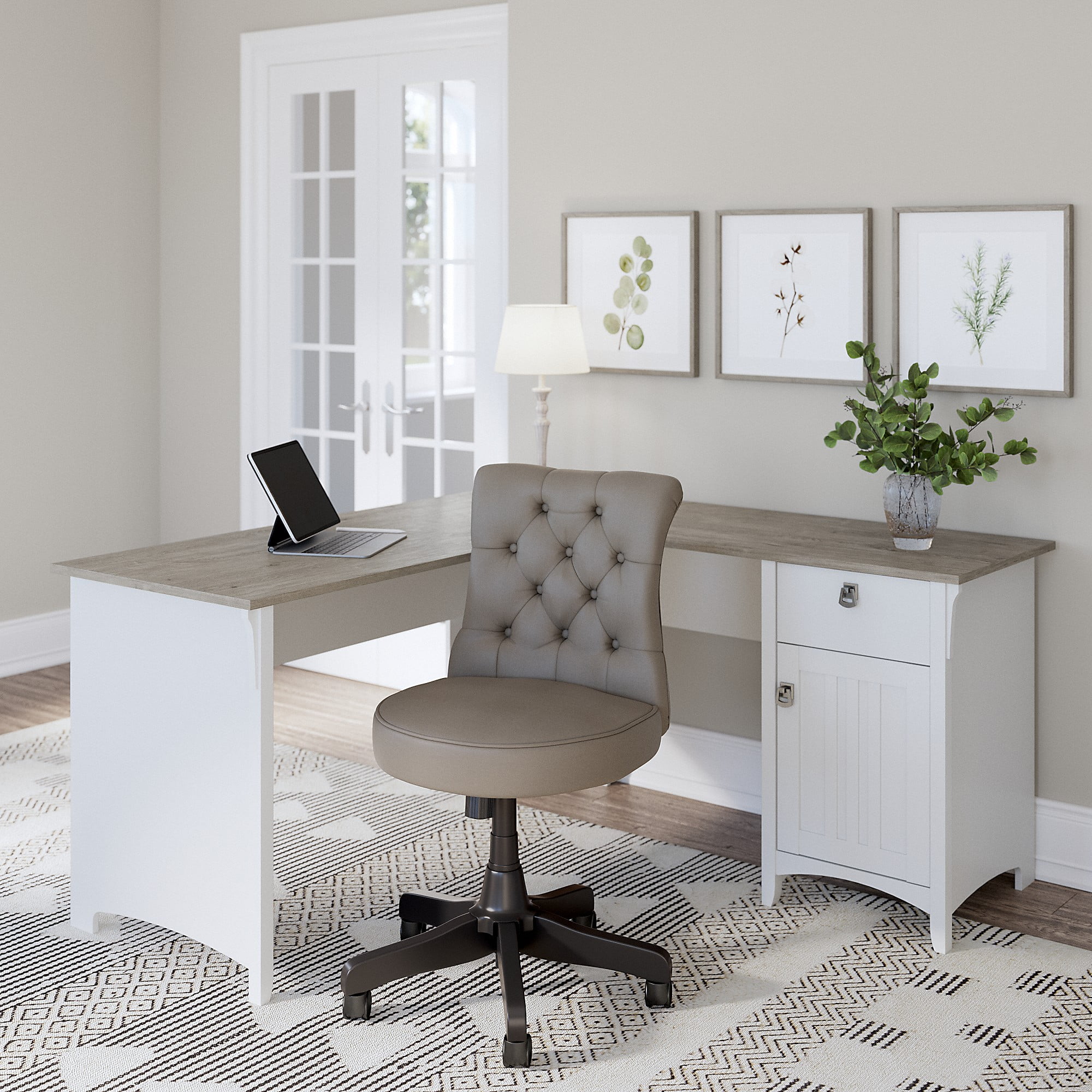 L shaped desk and outlet chair set