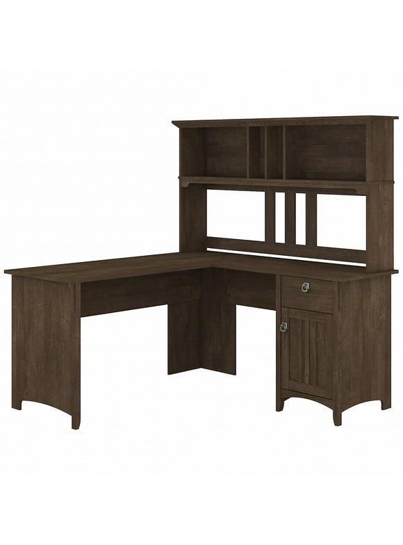 Bush Furniture Salinas Farmhouse 60 in L Shape Desk with Hutch, Box Drawer and Storage Cabinet in Ash Brown (Ships in 2 boxes)