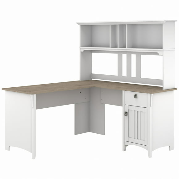 Bush Furniture Salinas Farmhouse 60 in L Shape Desk with Hutch, Box Drawer and Storage Cabinet in Shiplap Gray and White (Ships in 2 boxes)