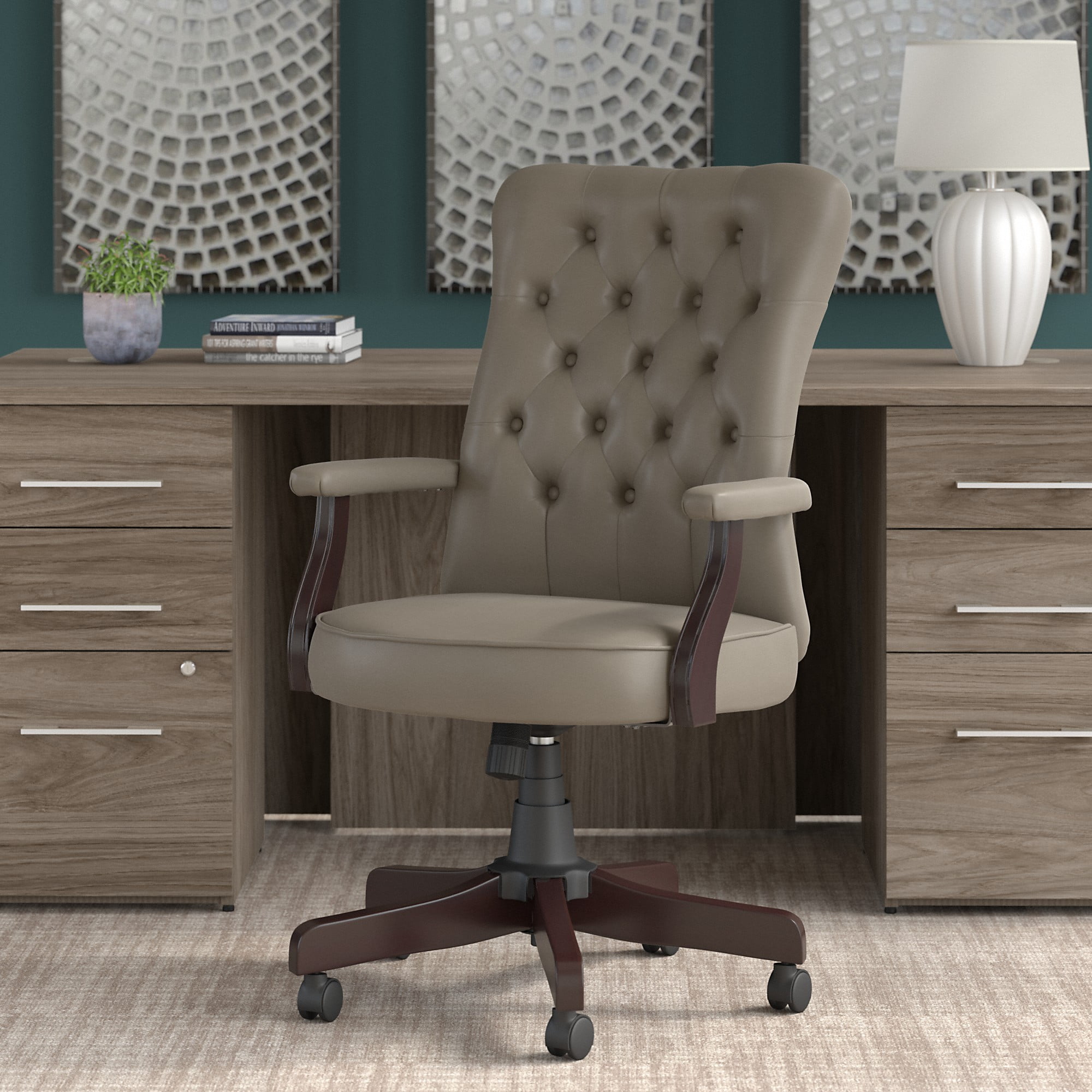 Bush Furniture Salinas High Back Tufted Office Chair with Arms in Washed Gray Leather