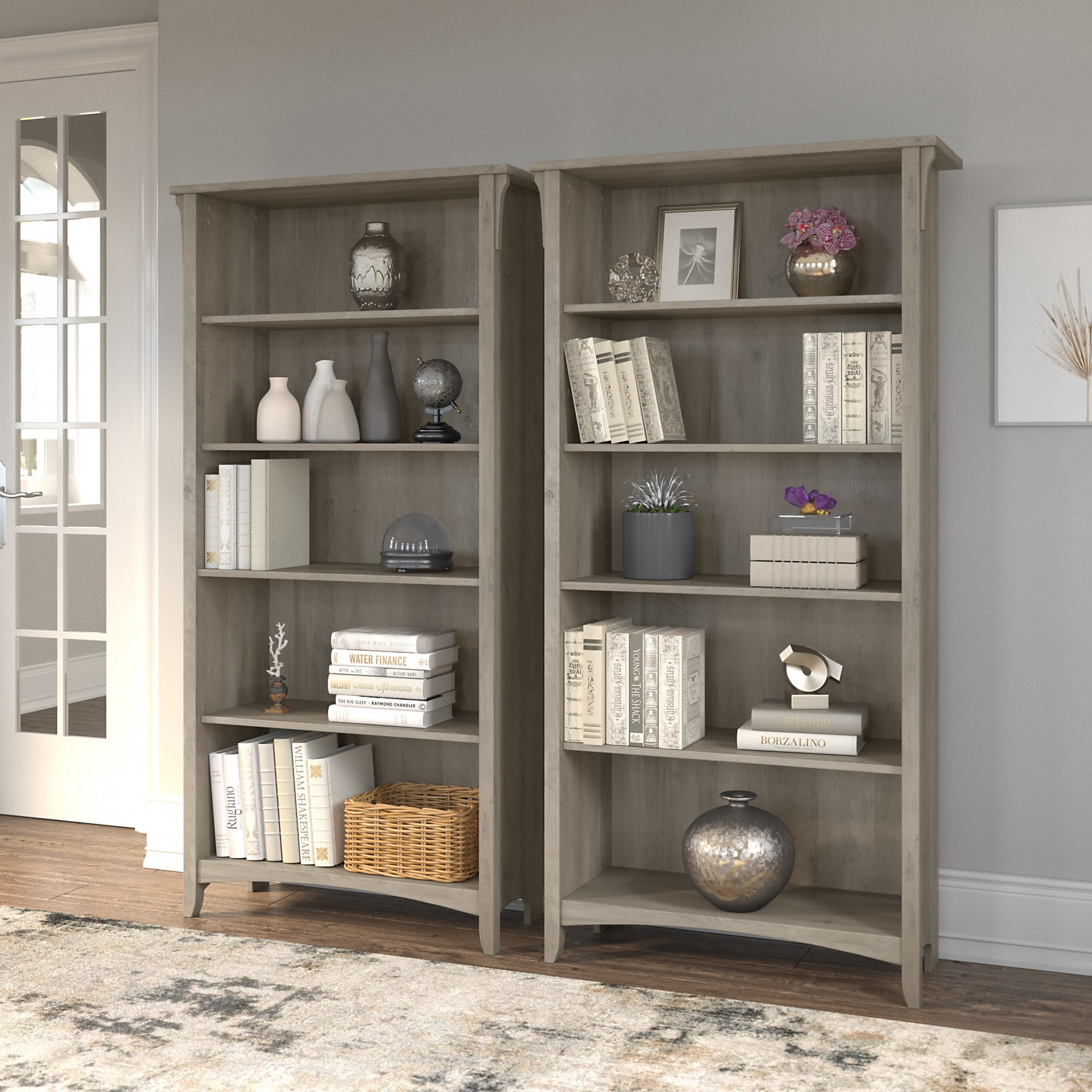 Bush Furniture Salinas Tall 5 Shelf Bookcase, Set of 2, Driftwood Gray