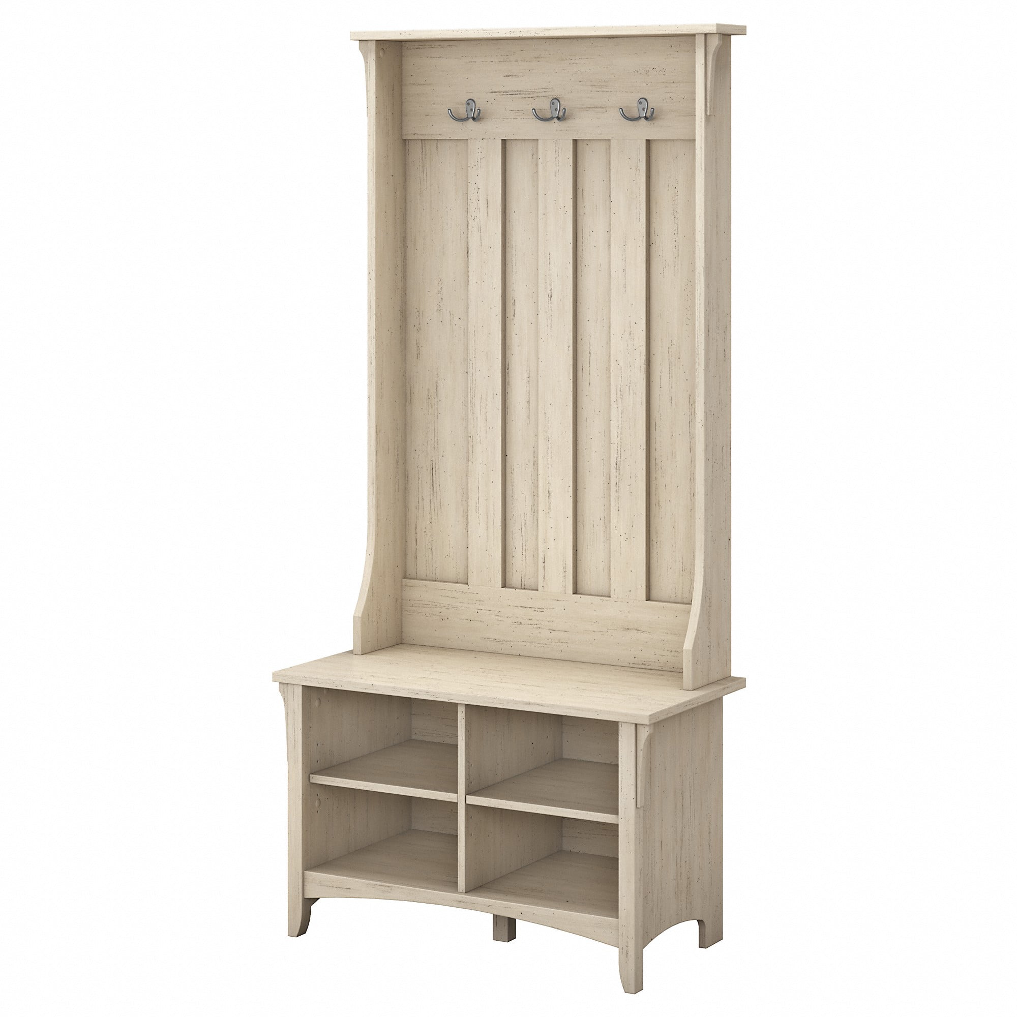 Bush Furniture Salinas Traditional 6 Hook Hall Tree with Storage Bench Antique White