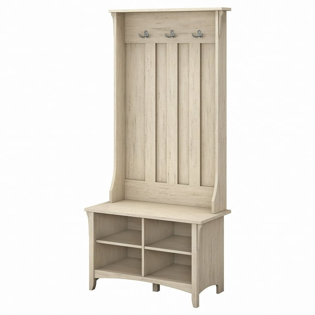 Bush Furniture Salinas Traditional 6-Hook Hall Tree with Storage Bench, Antique White