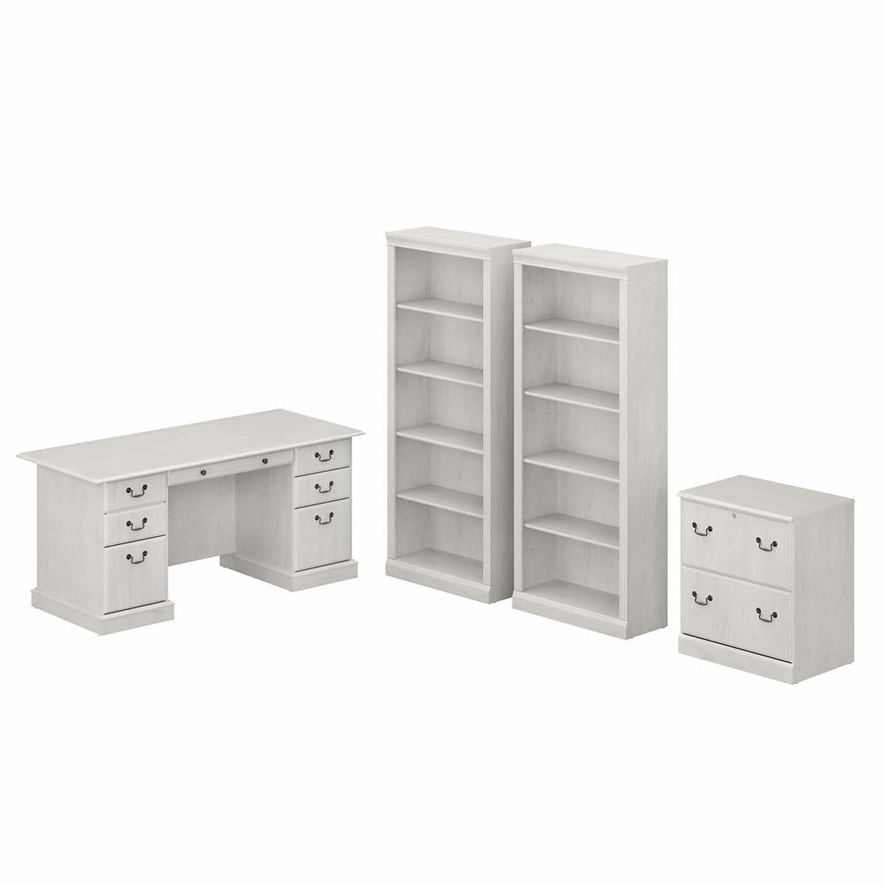 Bush Furniture Saratoga Executive Desk with Storage Set in Linen White Oak