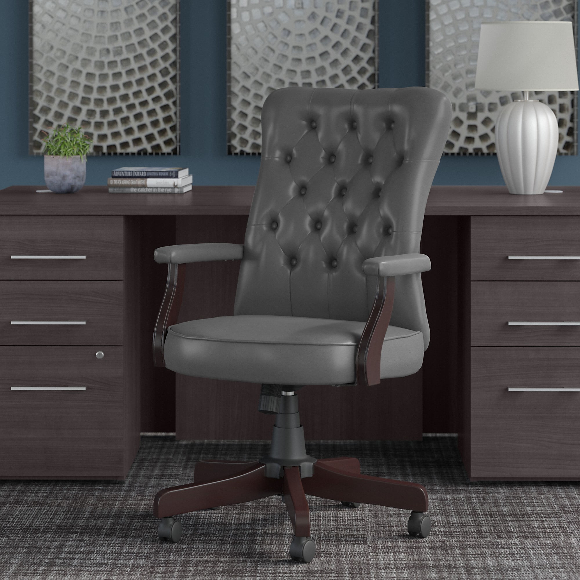 Bush Furniture Saratoga High Back Tufted Office Chair with Arms in Dark