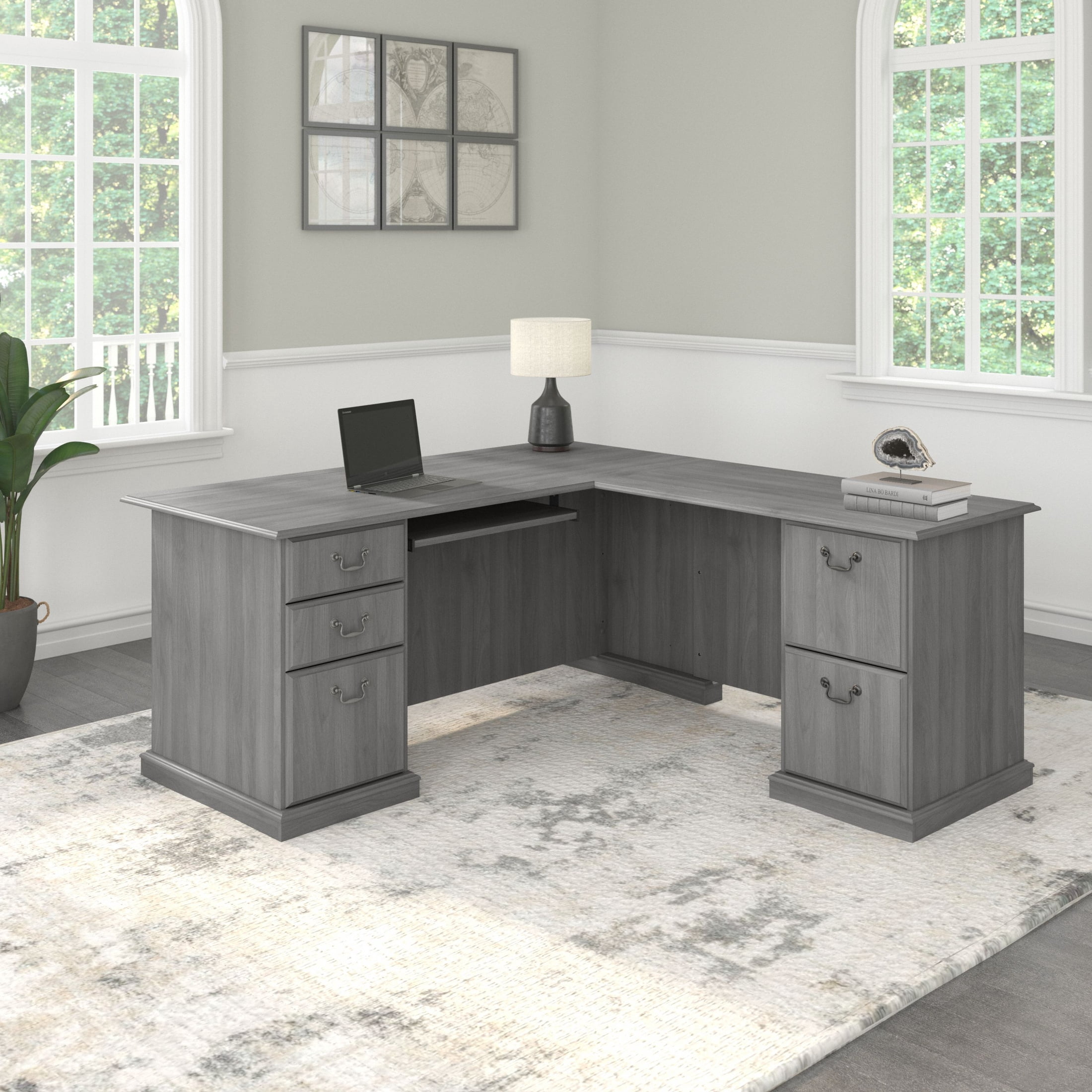 Bush Furniture Saratoga L Shaped Computer Desk with Drawers in Modern Gray