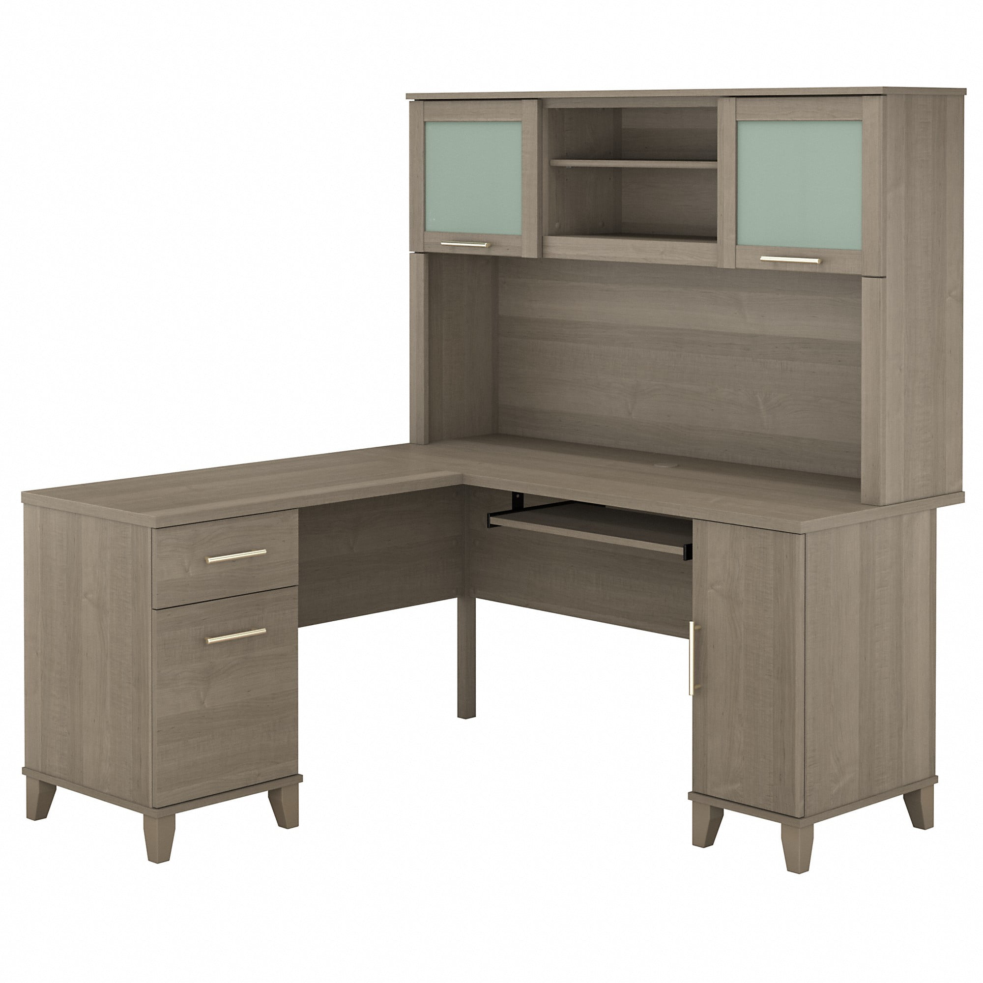 Transitional Ash Gray L-Shaped Desk with Hutch and Keyboard Tray