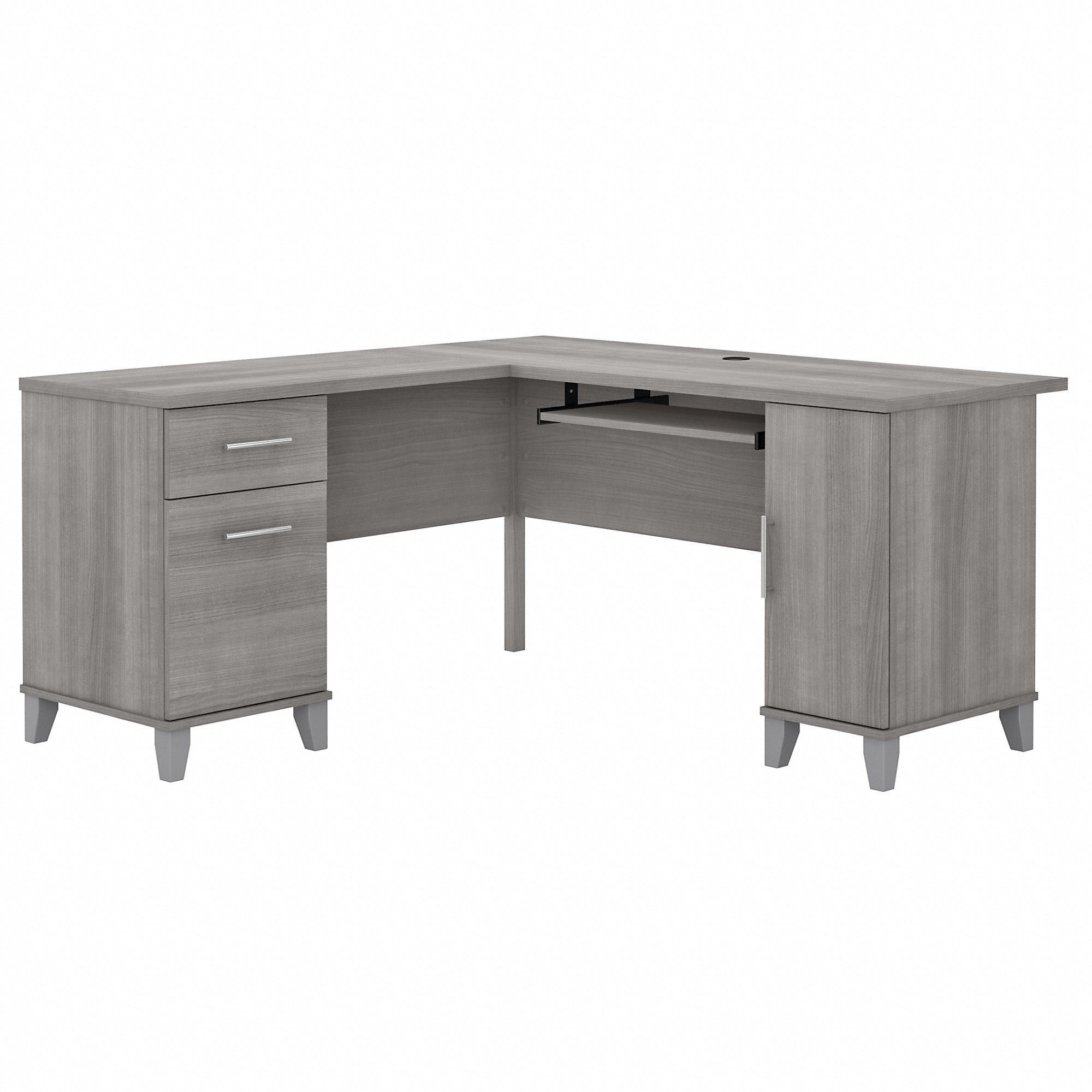 Platinum Gray Wood L-Shaped Corner Desk with Drawer and Keyboard Tray