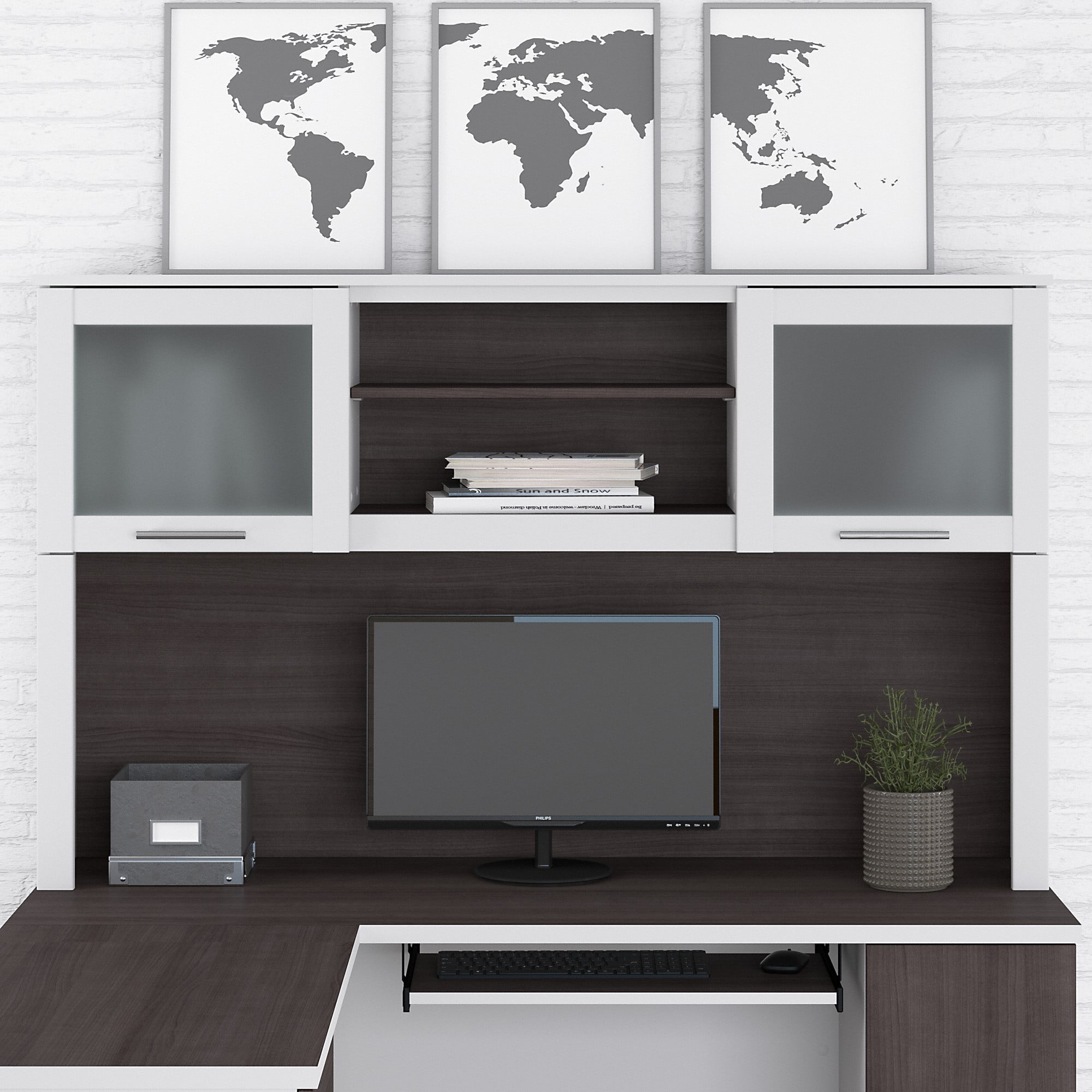 White and Storm Gray Engineered Wood Desk Hutch with Frosted Glass Doors