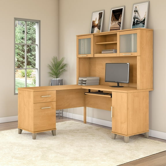 Bush Furniture Somerset 60 in L Desk with Hutch, Keyboard Tray, File and Storage in Maple Cross
